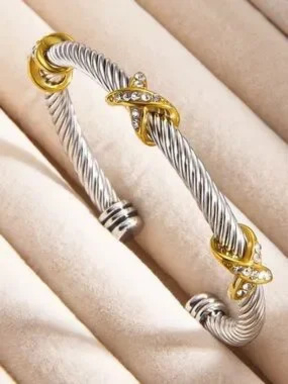 Anthropologie Two-Tone Silver and Gold Cable Cuff with Crystals